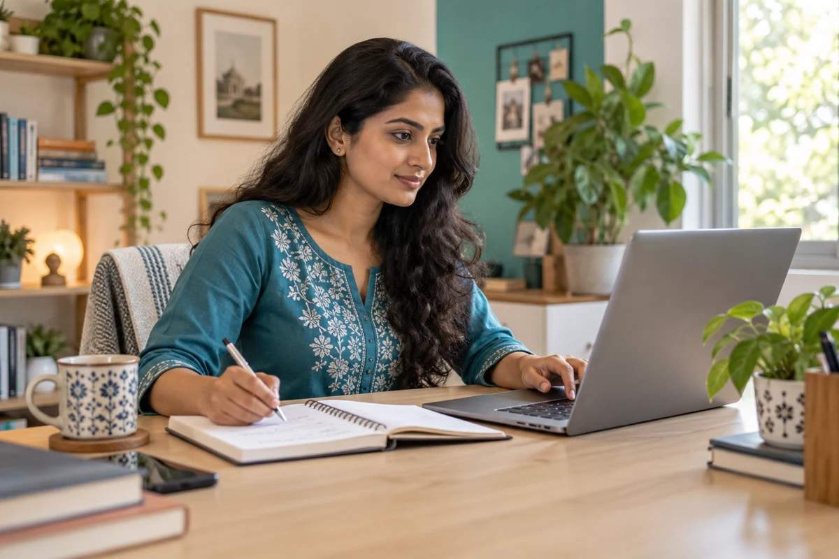 Illustration of an adult learner studying online at a home desk